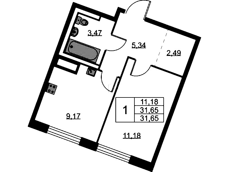 1-комнатная квартира 31.65 м², 9/9 эт., ЖК «Квартал Лаголово»